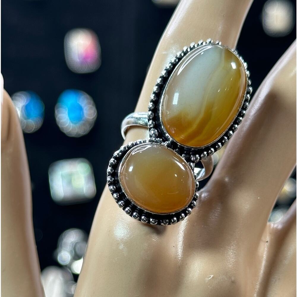 💕 Agate gemstone 2 stone ring silver plated overlay stamped 925 handmade size 9